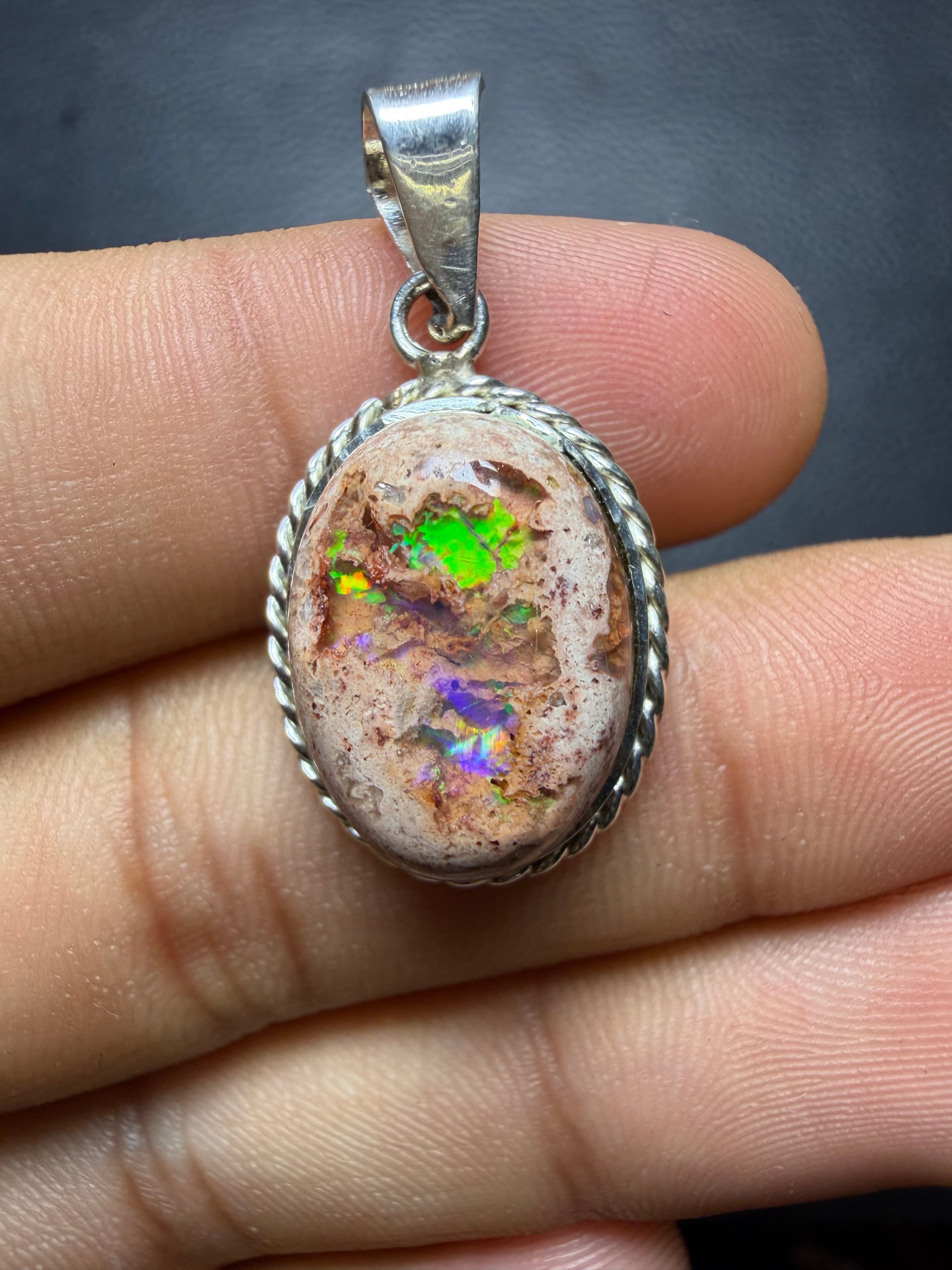 Mexican Fire Opal Pendant in Sterling Silver, Cantera Opal in Matrix with Chain, Rainbow Flash