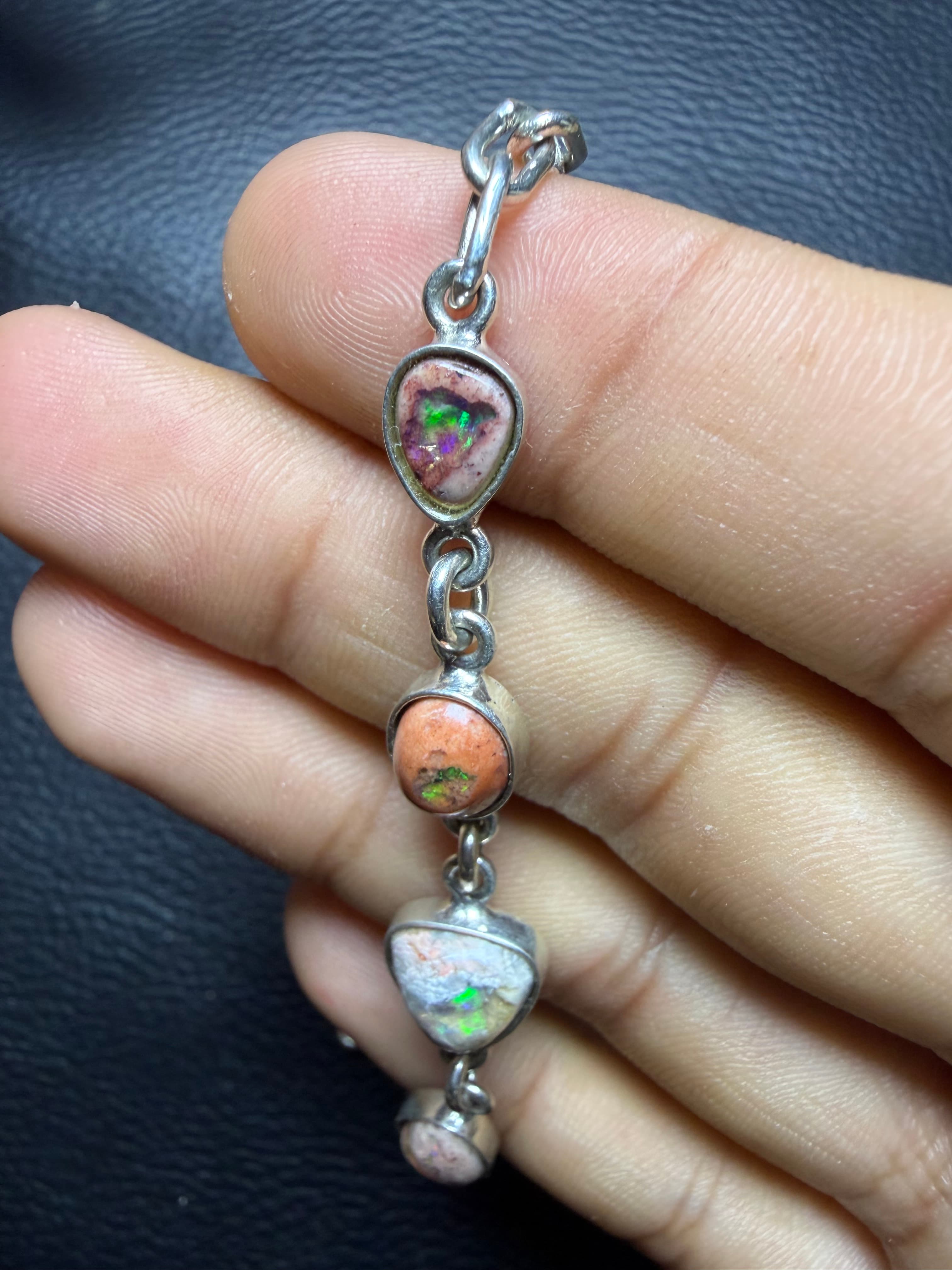 Mexican Fire Opal Bracelet in Matrix, Sterling Silver, Cantera Opal Link Bracelet, Multi Stone Gift