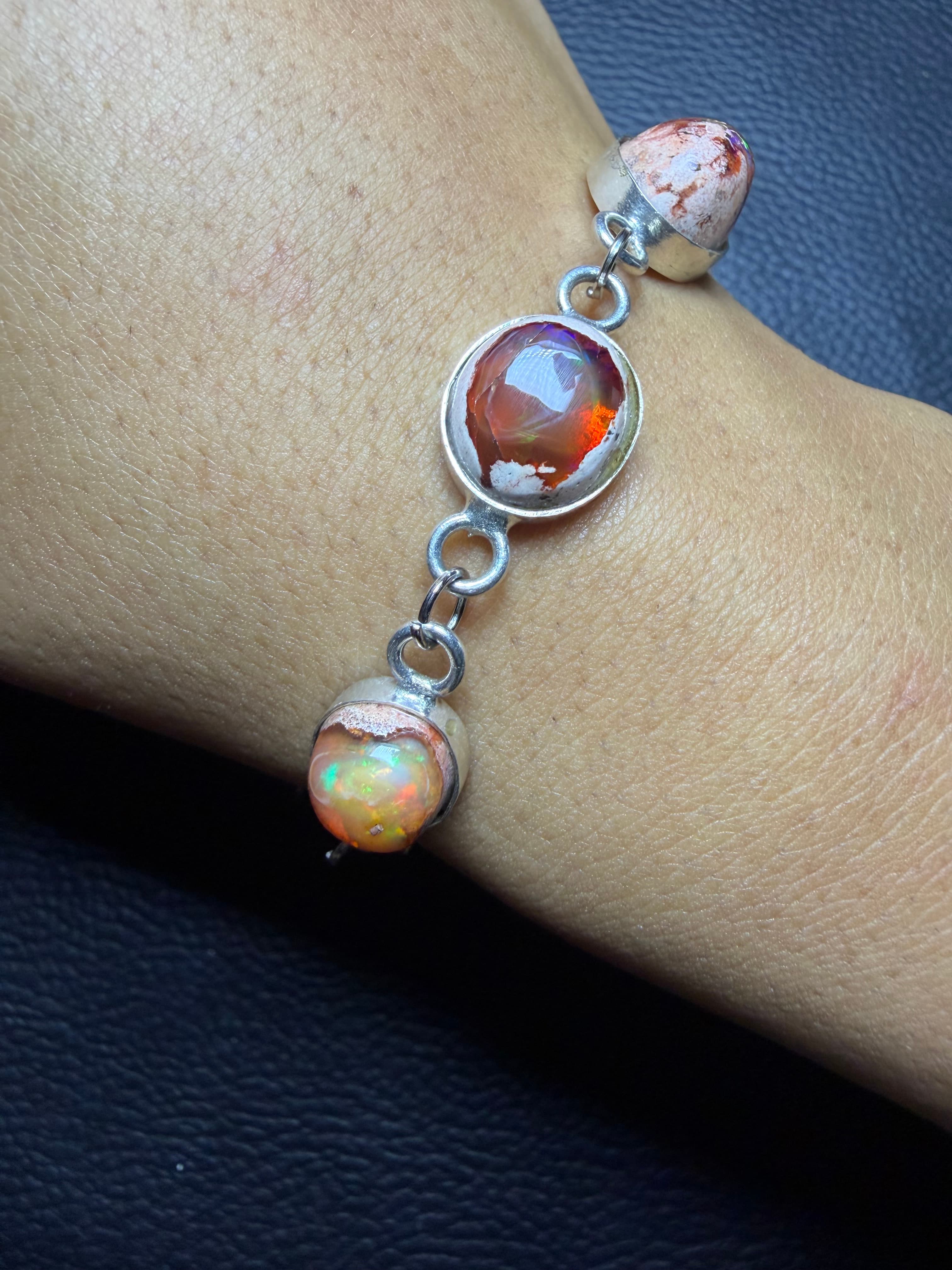 Mexican Fire Opal Bracelet in Sterling Silver, Cantera Opal in Matrix, Orange Red Flashes, 20 cm Length
