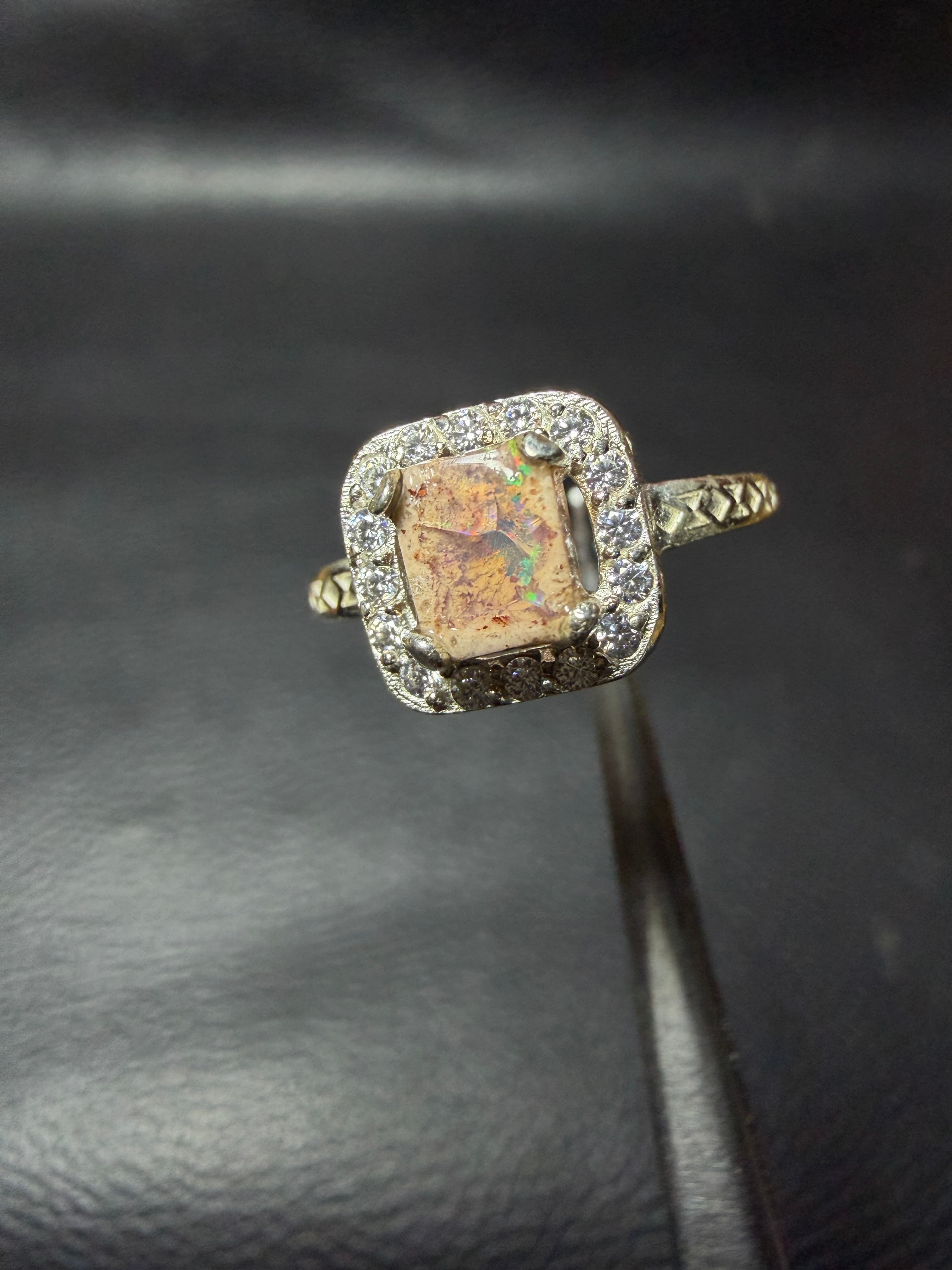 Mexican Fire Opal Ring in Sterling Silver, Green Flash Cantera Opal, Zircon Halo
