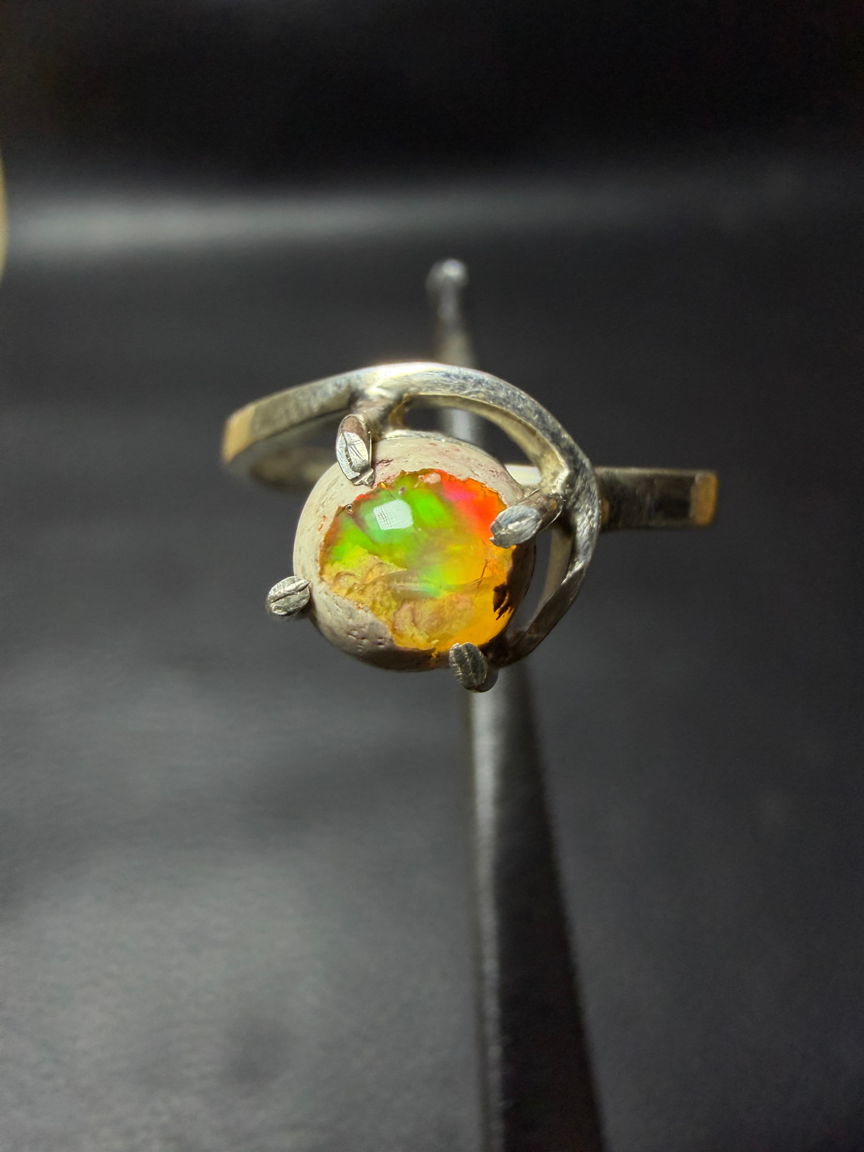 Mexican Fire Opal Ring in Sterling Silver, Cantera Opal in Matrix, Minimalist Design