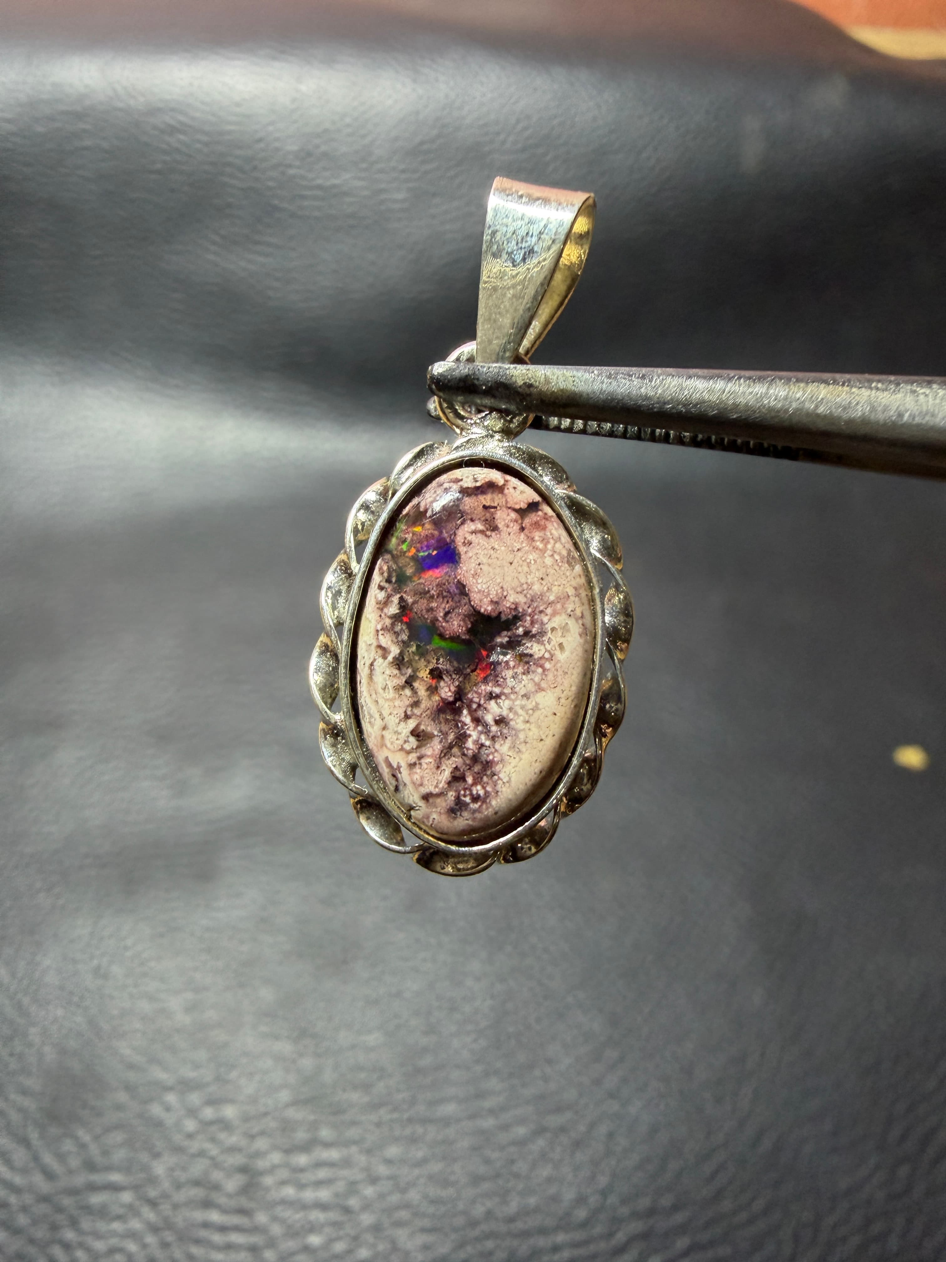 Mexican Fire Opal Pendant in Sterling Silver, Cantera Opal in Matrix, Rainbow Flash Oval Cabochon