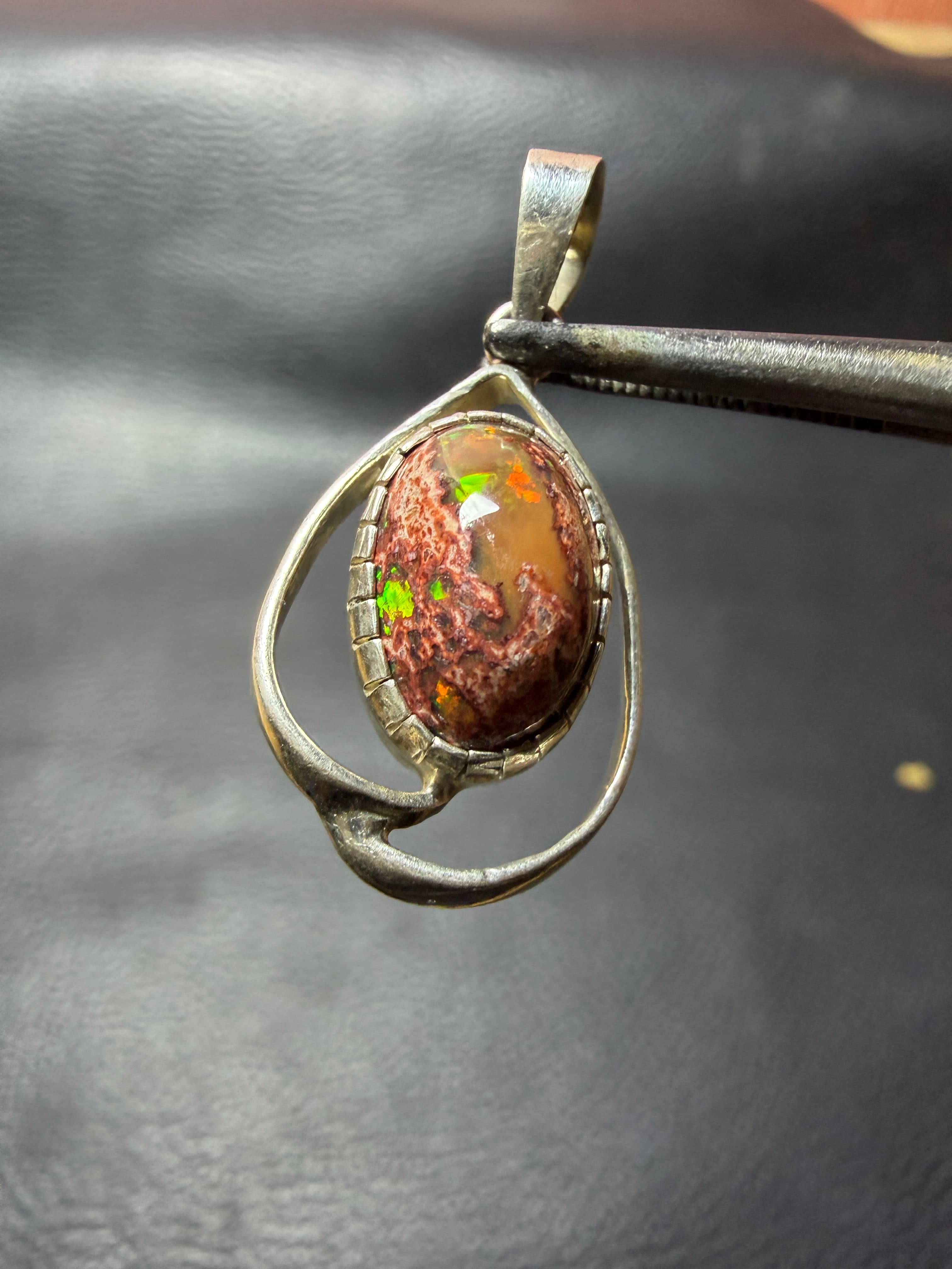 Mexican Fire Opal Pendant in Sterling Silver, Cantera Opal in Matrix, Minimalist Teardrop Design