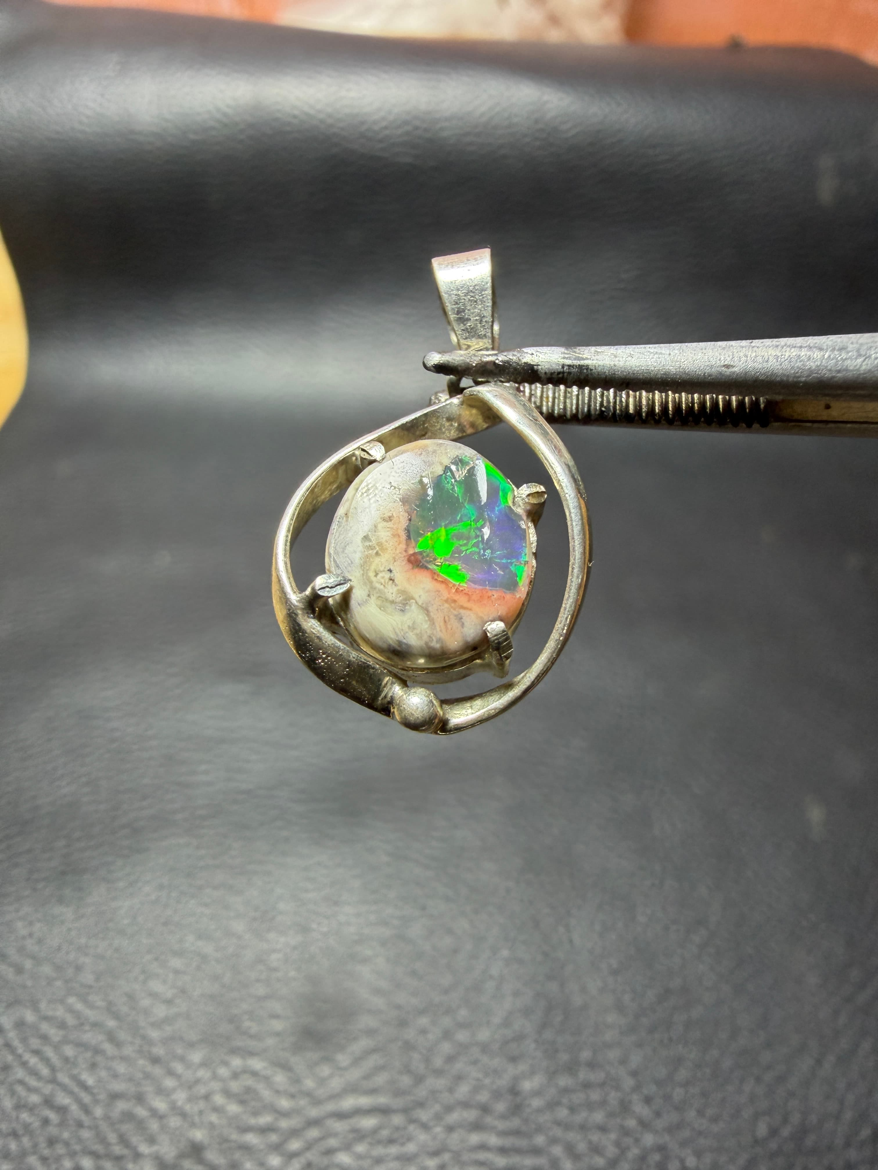 Mexican Fire Opal Pendant in Sterling Silver, Cantera Opal in Matrix Necklace Charm, Rainbow Fire Opal, Christmas Birthstone